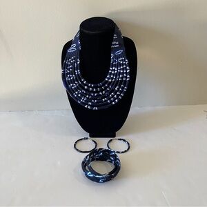 Blue Multocolor African Print Ankara Layered Necklace ,Earring, and Bracelet Set